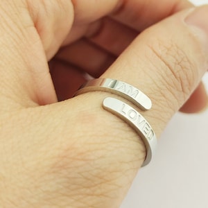 I AM LOVED  Stainless Steel Affirmation Ring, Adjustable Ring, Wrap Ring, Thumb Ring, Motivational Ring, Strong Durable No Tarnish