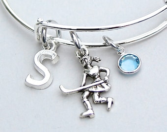 Field Hockey Bangle, Field Hockey Charm Bracelet, Personalized Initial, Monogram, Birthstone / Team Color, Gift For Her, Team Gift ,