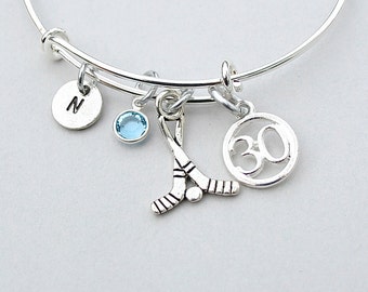 Field Hockey Bangle Bracelet, Stainless Steel Bangle, Personalize, Birthstone, Initial, Hockey Sticks, Jersey Number, Gift For Her