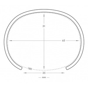 May include: A line drawing of a bangle bracelet with measurements in millimeters. The bangle is 65 mm wide, 51 mm tall, and 180 mm in circumference.