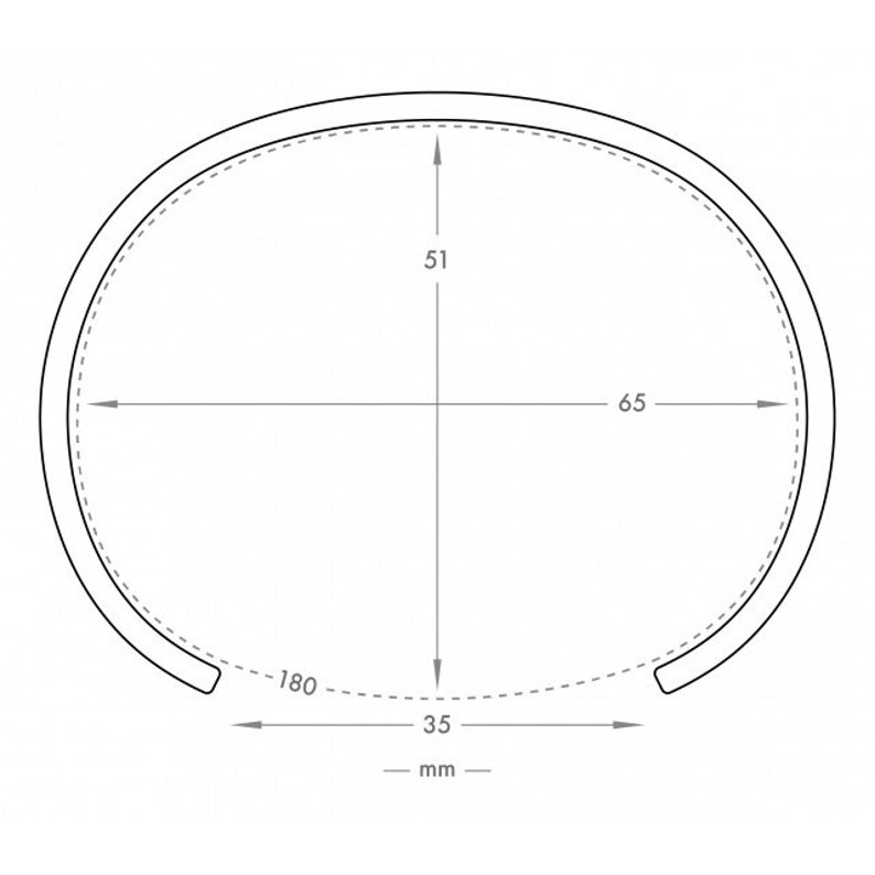 May include: A line drawing of a bangle bracelet with measurements in millimeters. The bangle is 65 mm wide, 51 mm tall, and 180 mm in circumference.