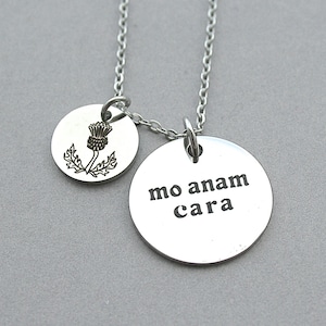 Mo Anam Cara Double sided Charm My Soulmate - Stainless Steel Charm  GAELIC &quot; Mo Anam Cara&quot; Translation My Soulmate , Scottish Thistle Charm