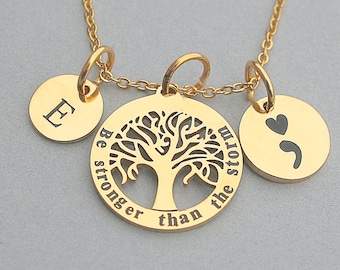 Stainless Steel Gold Tree Of Life "Be Stronger Than The Storm" Necklace,Initial, Semi Colon, Suicide Awareness, Mental Health R87