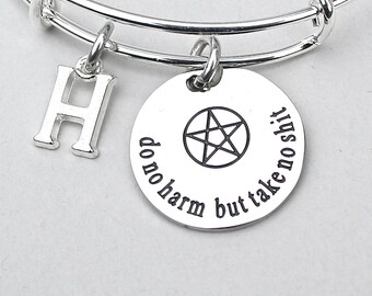 WICCA, Do No Harm But Take No Shit , CharmBangle, Pentagram,  Personalize, Initial, Pagan Symbol, Boho Hippie Goth, Gift For Her , Under 20