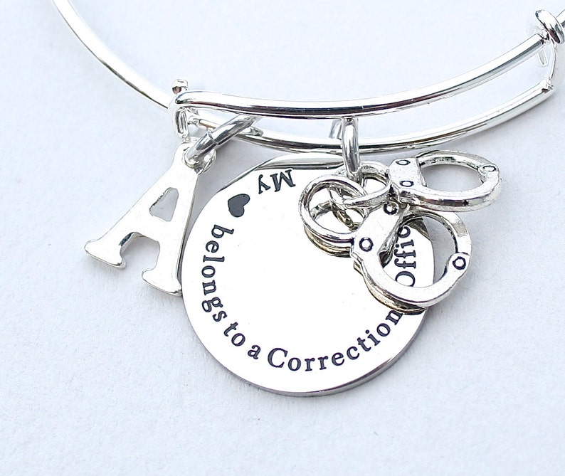 Personalized Charm Bangle Guard, My Heart Belongs To A Corrections Officer Stainless Steel Charm Initial Gift For Her Handcuffs