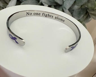 Pancreatic Cancer Awareness, No One Fights Alone Cuff Bracelet, Purple Ribbon , Support, Warrior Gift, Stainless Steel Cuff Bracelet. C630