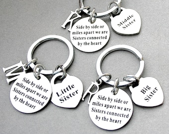 Side By Side Or Miles Apart We Are Sisters Connected By The Heart, Sisters Keychain, Initial, Little, Big, Middle, Stainless Steel
