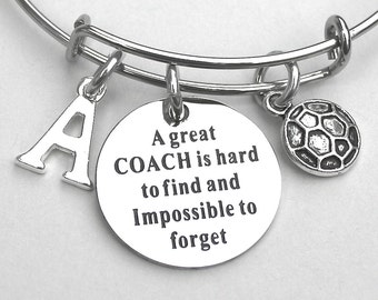 A Great COACH Is Hard To Find And Impossible To Forget, SOCCER COACH Charm Bangle, Soccer Charm Bracelet, Personalized Initial, Gift For Her