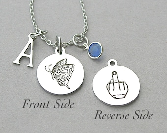 Secret Message Butterfly necklace, Butterfly / Middle Finger Image. BFF Gift,Sassy Bad Ass Gift, two sided disc secret image,Stainless steel