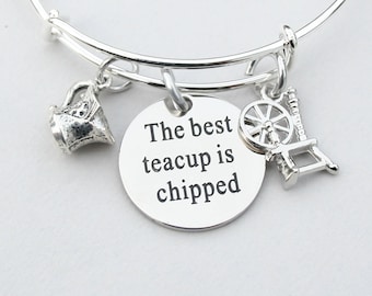 Rumpelstiltskin "The Best Teacup Is Chipped", Once Upon A Time Charm Bangle, Tea Cup Charm , Spinning Wheel, Gift For Her , Shop Canada 127