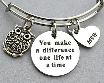 MSW, Masters degree Social Work Heart Charm, Owl Charm, Stainless Steel Charm" You Make A Difference One Life At A Time " Charm Jewelry, TU