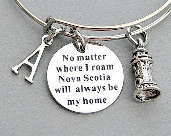 No Matter Where I Roam Nova Scotia Will Always Be My Home Stainless Steel Adjustable Bangle, Charm Bangle, Traveller, Gift For Her, Under 20