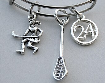 Lacrosse Bangle, Field Hockey Player , Charm Bracelet,  Gift For Her, Personalize Jersy Number, Team Gift , Stainless Steel Bangle