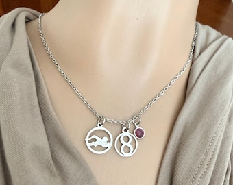 Stainless Steel Swim Team Charm Necklace, Number Charm  Number of Years In Team Age Group Competitive Swim, Choose Birthstone