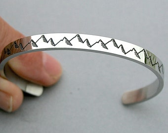 Mountain Range Cuff, Inside text "The Mountains Are Calling And I Must Go", Stainless Steel Cuff Bracelet, Hiker Jewelry, Nature Lover R62