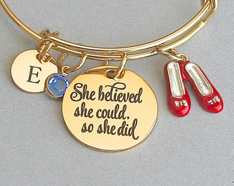 Gold Stainless Steel Charm Bangle  " She Believed She Could So She Did ", Graduation Gift, Personalize, Gift For Her , Gold Scripted Charm