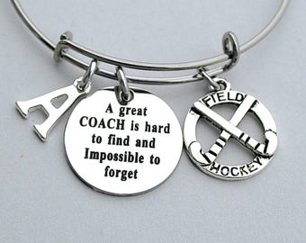 A Great COACH Is Hard To Find And Impossible To Forget, Field Hockey COACH Charm Bangle, Personalized Initial, Hockey Sticks ,Gift For Her