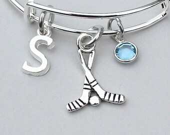 Field Hockey, Hockey Bangle Bracelet, Team Sport Charm Bracelet, Personalize, Birthstone, Initial, Hockey Sticks, Gift For Her, Team Gift