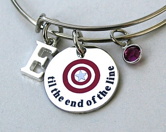 Til The End Of The Line , Captain America , Winter Soldier, Personalized, Charm Bangle, Gift For Her, Best Friends , Shield Charm, Team Cap