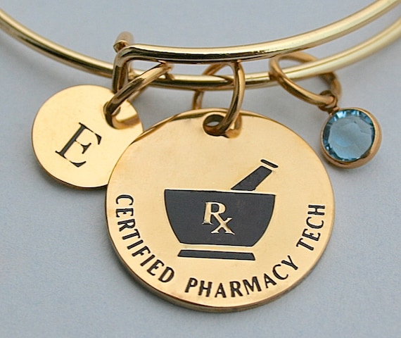 Certified Pharmacy Tech Charm Bangle, Pharmacy Technician, Pharmacy Tech, CPHT, Gift For Her, Gold Stainless Steel Bangle, Initial