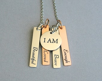 Rose Gold & Silver Stainless Steel, Confidence Tags, Self Esteem, I Am, Loved, Brave, Enough, Beautiful, Awareness Jewelry, Semi Colon, N555