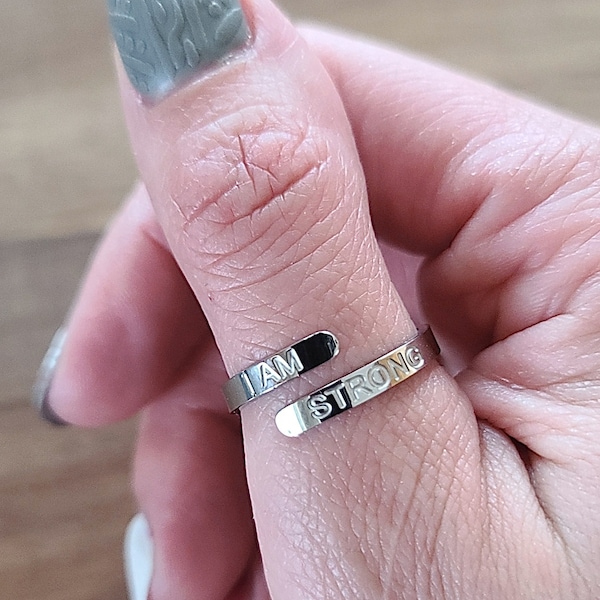 I AM STRONG  Stainless Steel Affirmation Ring, Adjustable Ring, Wrap Ring, Thumb Ring, Motivational Ring, Strong Durable No Tarnish