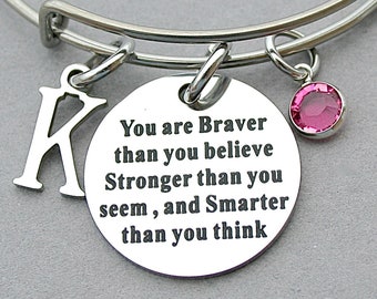 Stainless Steel " You Are Braver Than You Believe Stronger Than You Seem and Smarter Thank You Think, Charm Bangle, Winnie The Pooh Quote