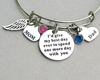 I'd Give My Best Day Ever To Spend One More Day With You, Mom & Dad Heart Charm, Memorial ,Loss Of Loved One , Angel Wing, Daughter Gift