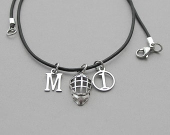 Goalie Mask Hockey Sports Necklace, Personalize Initial, Jersey Number, Hockey Charm Necklace, Black Authentic Leather,  Hockey Goalie  Gift