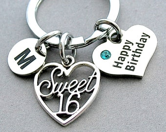 Sweet 16 Happy Birthday Keychain, Stainless Steel Happy Birthday Heart, Choose Birthstone, Initial, Gift For Her, Sweet 16 Gift, New Driver