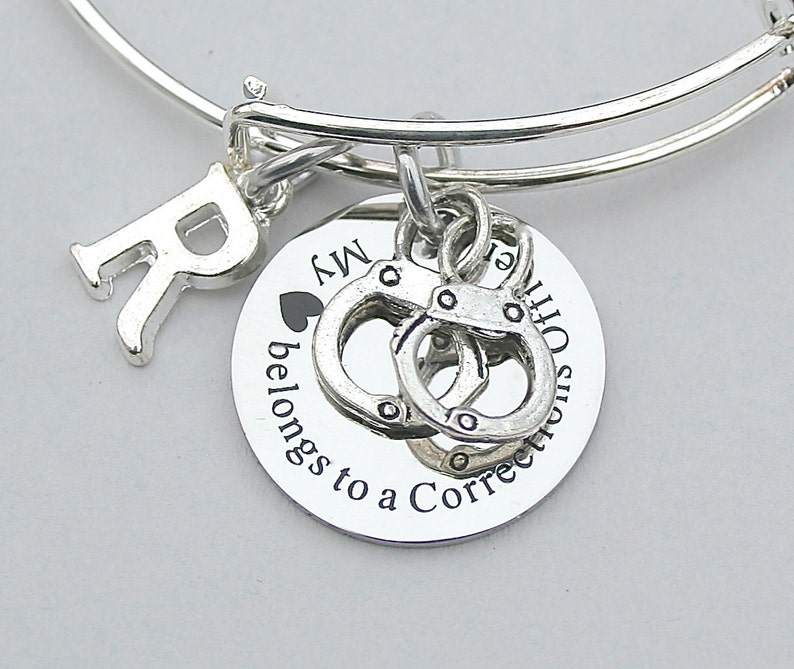 Personalized Charm Bangle Guard, My Heart Belongs To A Corrections Officer Stainless Steel Charm Initial Gift For Her Handcuffs