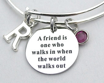 Stainless Steel " A Friend Is One Who Walks In When The World Walks Out", Personalize, Initial, Swarovski Birthstone, Best Friend Gift