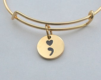 Gold Stainless Steel  " Semi Colon " Charm Bangle,  Suicide Awareness , Mental Health , Awareness Jewelry