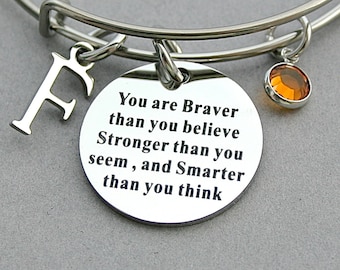 Stainless Steel " You Are Braver Than You Believe Stronger Than You Seem and Smarter Thank You Think, Charm Bangle, Winnie The Pooh Quote