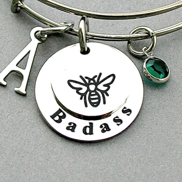 Stainless Steel Bee Badass Charm Bangle, Initial, Bee Image Strong Charm, Badass Charm Bracelet, Badass Jewelry, Feminist Jewelry