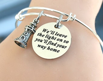 Lighthouse Charm - Stainless Steel " We'll Leave The Light On ..." Adjustable Bangle, Charm Bangle -Traveller, Gift For Her, Under 20 ,  55