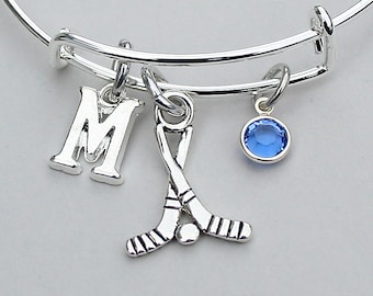 Hockey Bangle Bracelet, Sports Bracelet, Personalize, Birthstone, Initial, Hockey Sticks, Gift For Her, Team Gift