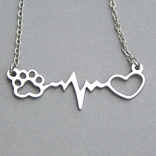 Stainless Steel EKG Rhythm Heart Beat Paw Print Necklace, Gift for Veterinarian, Vet Tech, Pet Care Emergency Clinic, Animal  Hospital