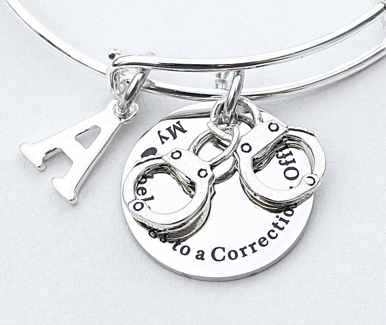 Personalized Charm Bangle Guard, My Heart Belongs To A Corrections Officer Stainless Steel Charm Initial Gift For Her Handcuffs