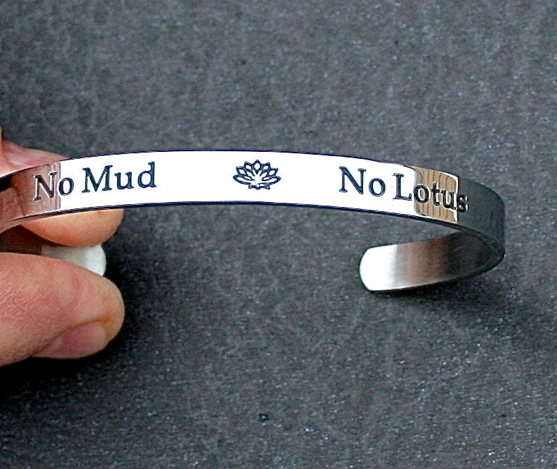 No Mud No Lotus Stainless Steel Cuff Bracelet Lotus Flower Yoga
