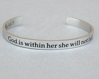 Inspirational Gifts, God Is Within Her, She Will Not Fail, Psalm 46:5 Stainless Steel Cuff Bracelet, Inspirational, Christian Jewelry, C108