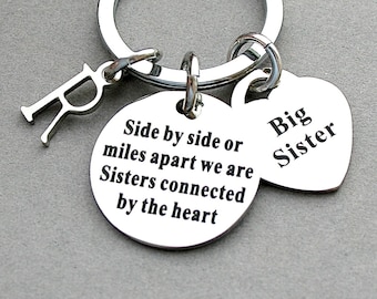 Side By Side Or Miles Apart We Are Sisters Connected By The Heart, Sisters Keychain, Initial, Big Sister Heart Charm, University, Sorority