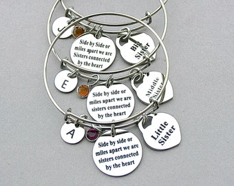 Side By Side Or Miles Apart We Are Sisters Connected By The Heart, Sisters, Initial, Middle Sisters, Little, Big, Middle, Stainless Bangles