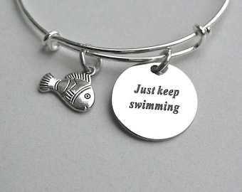 Engraved Just Keep Swimming, Disney Pixar's Finding Nemo Inspired Bangle, Dory Bangle, Disney Dory Just Keep Swimming , 120
