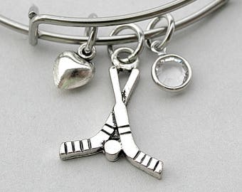 Field Hockey Bangle Bracelet, Sports Bracelet, Personalize Birthstone,Heart Charm , Hockey Sticks, Gift For Her, Team Gift
