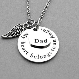Stainless Steel "My Heart Belongs To An Angel" Dad Heart Charm, Memorial, Loss Of Loved One, Angel Wing, Remembrance, Bereavement Necklace