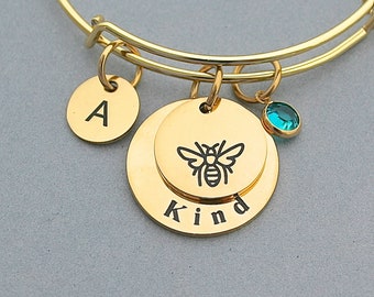 Stainless Steel Bee Kind Charm Bangle, Initial, Bee Image Charm,Kind Charm, Affirmation Charm Bracelet, Human Kindness, Bee Kind, Birthstone