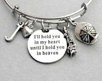 I'll Hold You In My Heart Until I Hold You In Heaven, Stainless Steel Engraved Charm, Fireman's Helmet , Fire truck, Fire Fighter Memorial