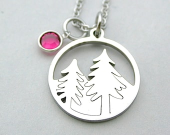 Stainless Steel Charm Trees Charm Necklace, Stainless Steel Necklace, Conservationist, Mountain Climber, Hiker, Swarovski Crystal, Camper