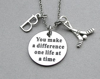 Stainless Steel "You Make A Difference One Life At A Time" Charm Jewelry, Personalize Initial, Hockey Coach Gift,Hockey Sticks, Mentor Gift